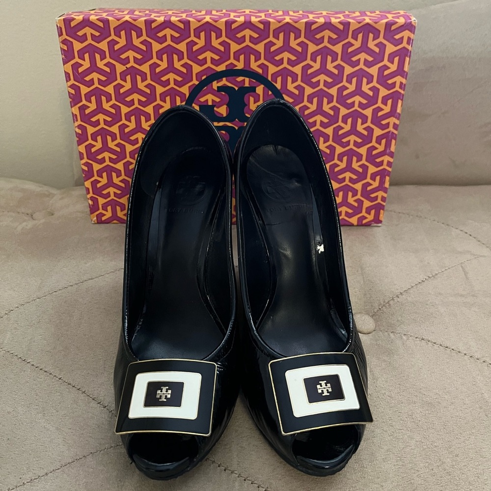 Black patent TORY BURCH peep toe wedges